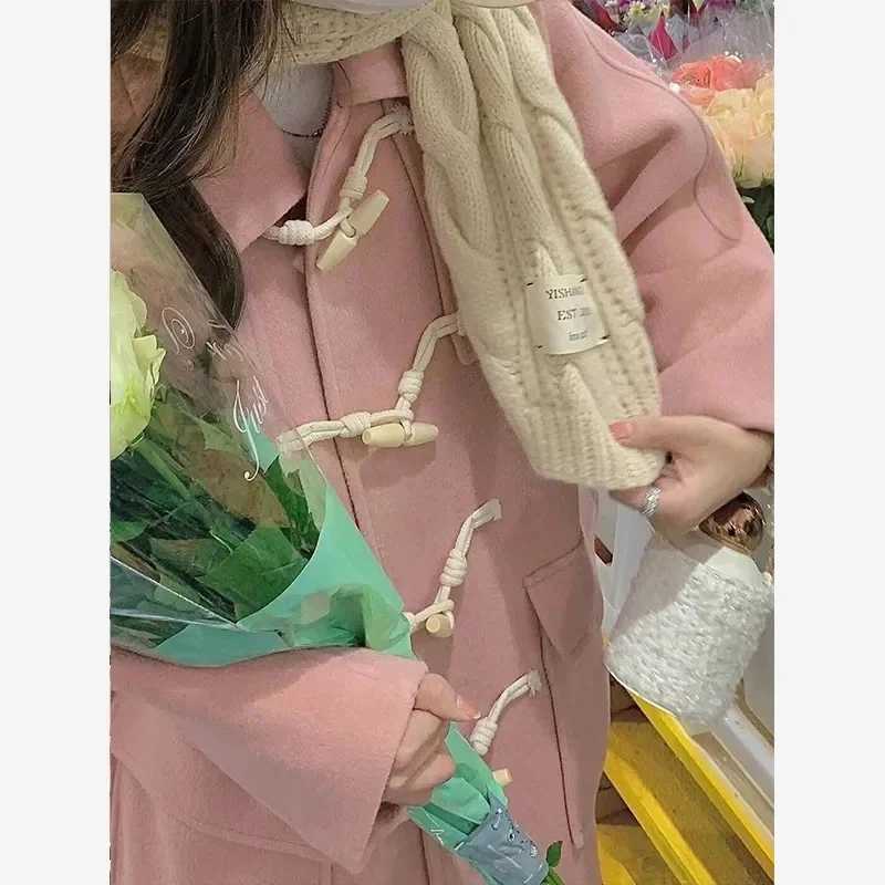 Pink Horn Button Tweed Jacket Women Winter New Japanese Loose Thickened Mid Length Wool Coat Female Casual Sweet Versatile CoatT251101