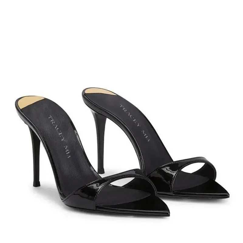 2025 Summer New Pointed Toe High Heels Womens Patent Leather Sandals Single Shoulder Strap Thin Wedge Black Paradigm Simple Design Z250401