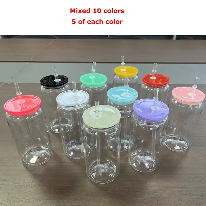 USA SHIP 16oz acrylic libbey can cups clear plastic drinking tumblers with colored PP lid straw cola food mason jars for vinly reusable cups 50pcs/cas