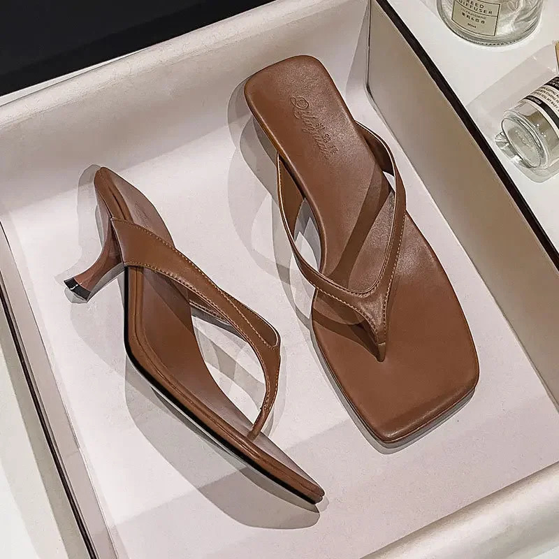 French square toe high-heeled shoes with slim heels summer fashion clip toe flip flops temperament kitten heel sandals 250401