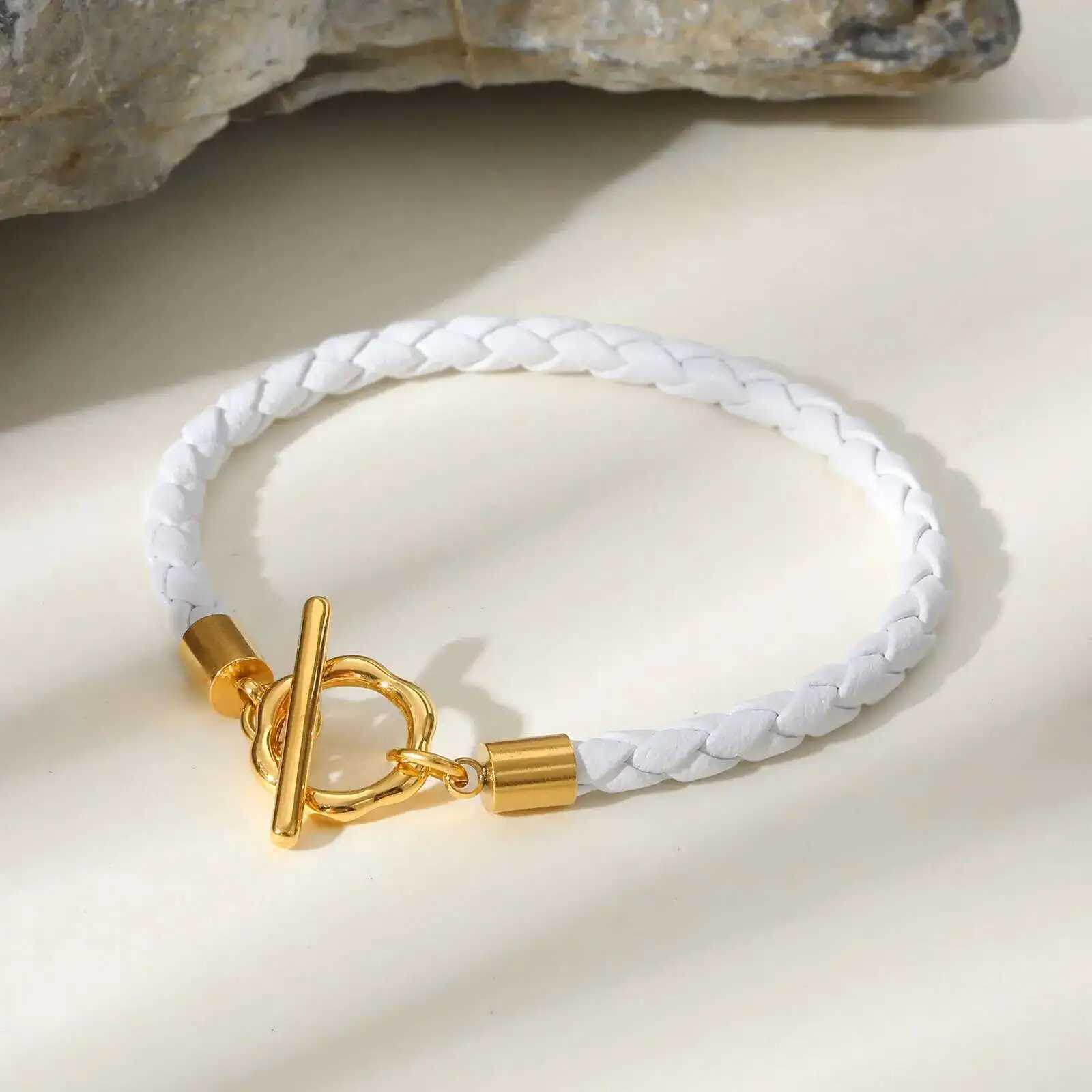 Prjewel Fashion Knitted Leather Bracelet White Rope Stainless Steel Gold OT Lock Bracelet Womens Jewelry Mothers Day Gift Y250329