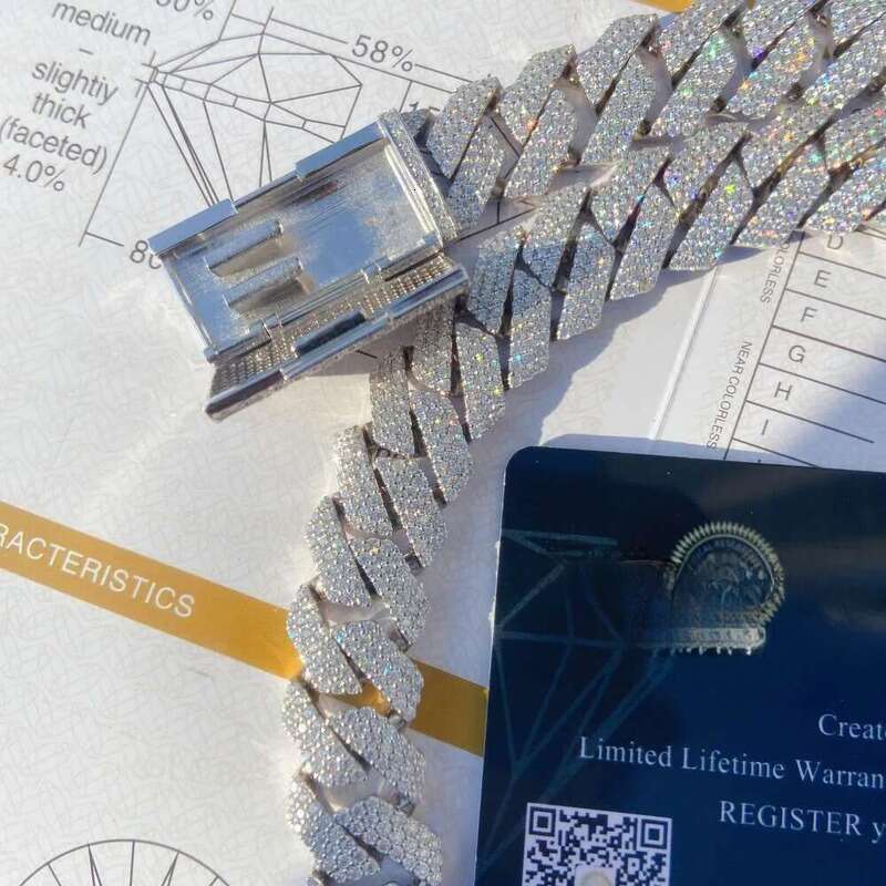 Necklace moissanite chain cuban k chainHand Setting 20mm Width Three Rows Vvs Moissanite Sier Womens Gold Plated Cuban