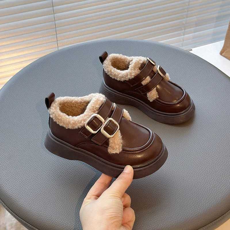 2024 Winter New Children Leather Shoes with Cotton Girls Fashion British Style Soft Antislippery Versatile Princess Chic ShoesT251101