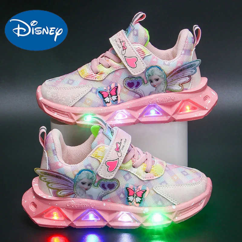 Disney Childrens Sports Shoes Led Lights Sneaker Cartoon Frozen Princess Elsa PU Leather Girls Pink Childrens Running Shoes H251101