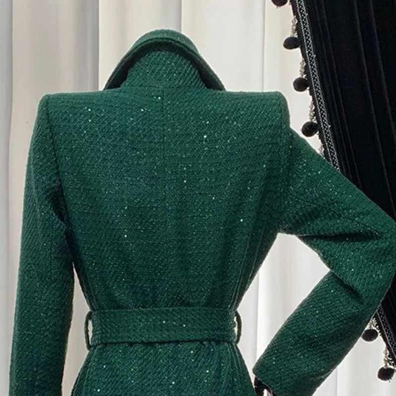 Overcoat 2025 New Fashion Lapel Women Woolen Coat Autumn Winter Temperament Green High Quality Korean Womens Woolen Coat H244T251101