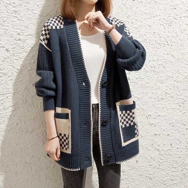 Autumn Winter Elegant Women Sweater Jackets Vneck Knitted Cardigan Long Sleeve Printed Casual Loose Coats Outwear ClothingT251101