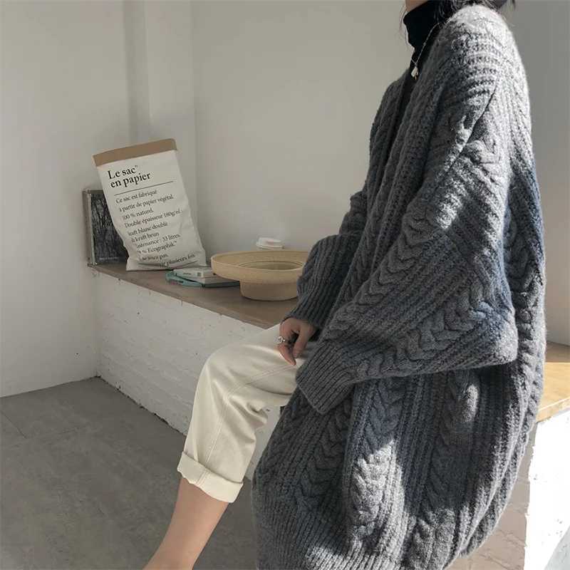 Women MidLength Knitted Cardigan Coat Solid Rib Outerwear Warm Sweater Coat Fall Winter Casual Loose Thickened Long Sleeve CoatT251101