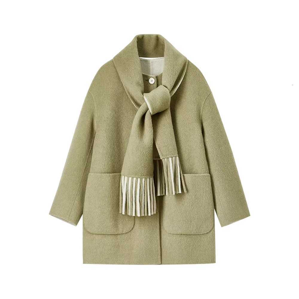 SENTUBILA 100 Wool Double Sided Woolen Coat 2025 Winter U Patch Pocket Tassel Scarf Single Breasted Elegant Coats W44O55981T251101