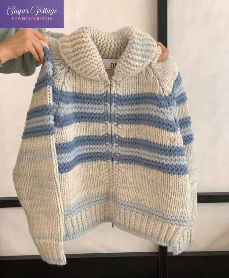 Autumn Vintage Korean Fashion Knit Soft Sweater Coat Women Loose Fit Long Sleeve Stripes Wool Cardigan Casual Retro Elegant TopsT251101