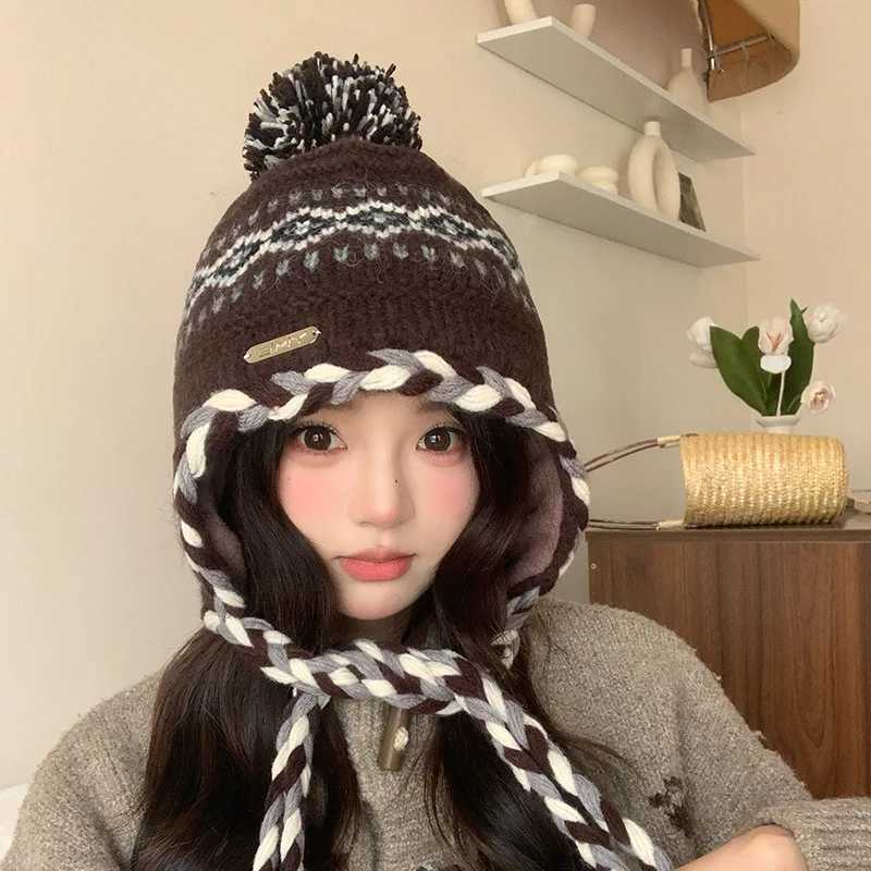 Fair Isle Knit Beanie Women Winter FleeceLined Warm Wool Hat Versatile EarCovering Beanie SoftXJ251101