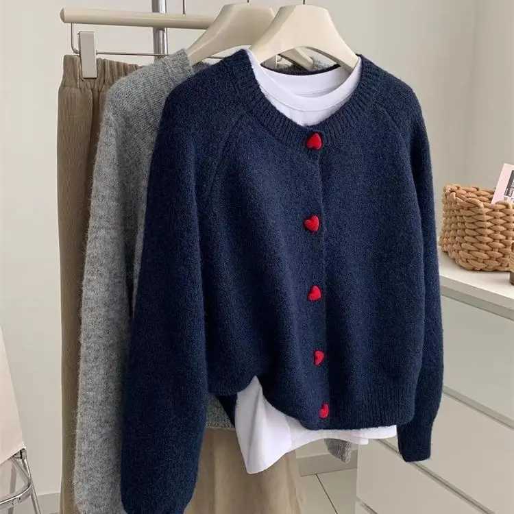 Dark Grey Knitted Cardigan Womens AutumnWinter Vintage Soft Supple Warm Heart Button Raglan Sweater Jacket Crew Neck StyleT251101
