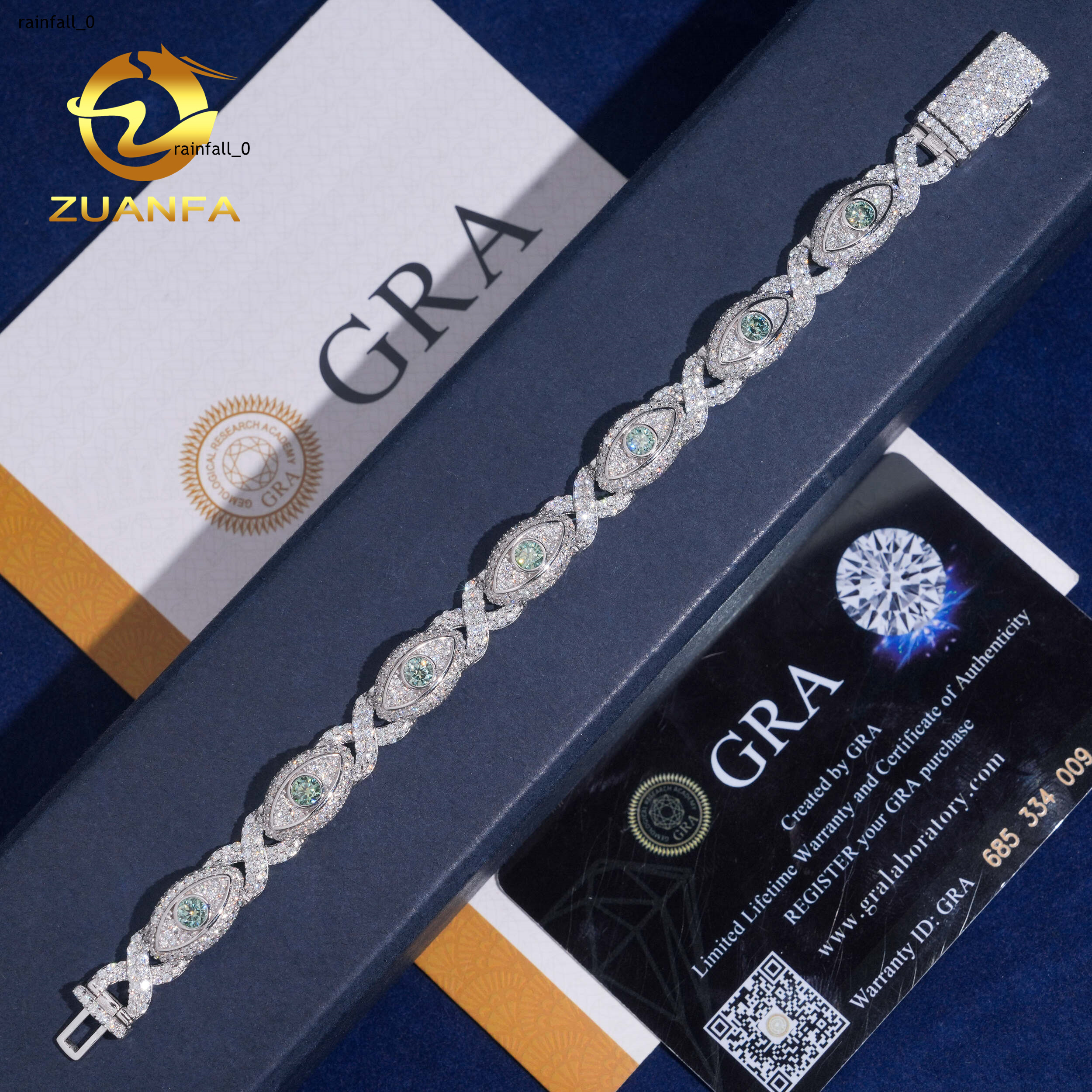 Hip Hop Jewelry 8mm Blue Green Eyes Shape VVS Moissanite Cuban Link Bracelet 925 Silver Moissanite Iced Out Bracelet Men Women