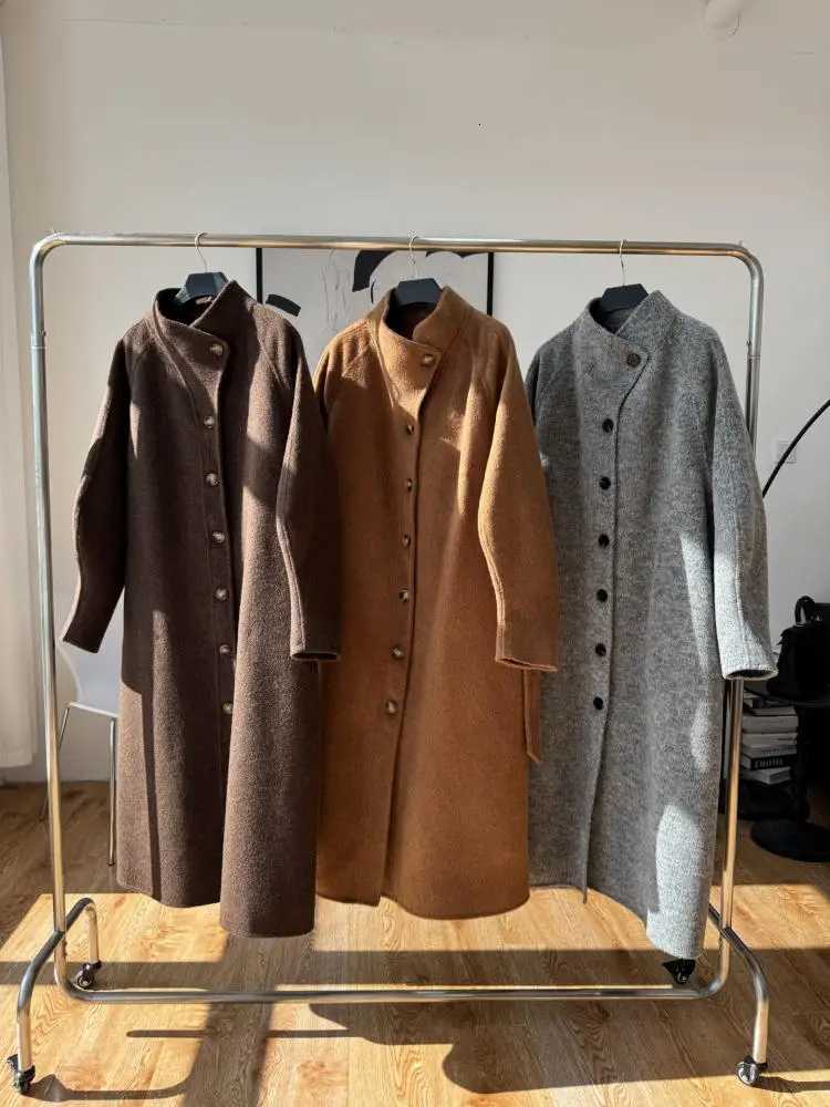 Office Lady SingleBreasted Woolen Jackets 2025 Autumn And Winter Suit Collar LaceUp Loose Long Womens 100 Wool CoatsT251101