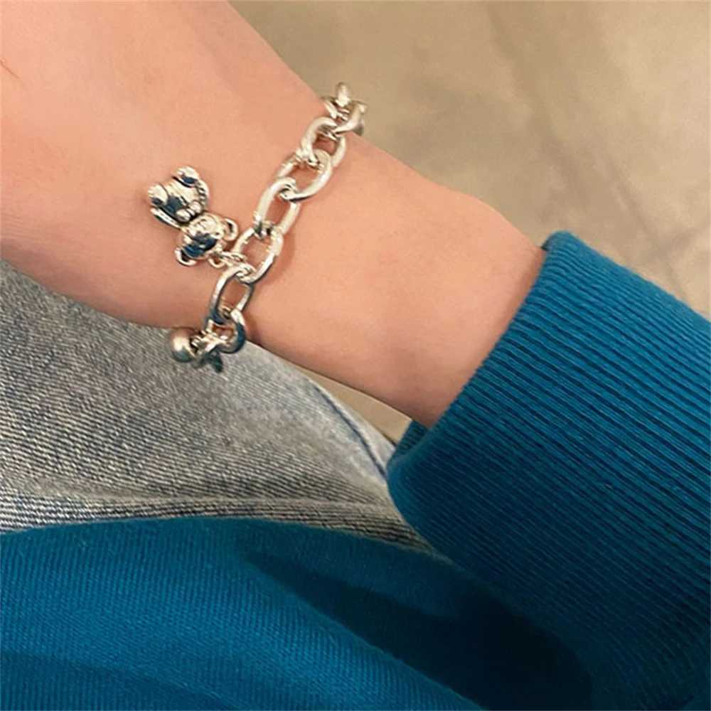 Silver plated lamp luxury womens bear pendant tag charm silver bracelet retro thick chain hip-hop bracelet jewelry Y250329