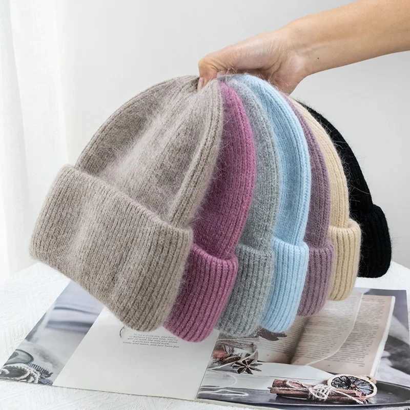 Fashion Warm Cashmere Wool Skullies Cap Angola Rabbit Fur Winter Knitted Beanies Women Female Ski Outdoor Solid Color HatsXJ251101