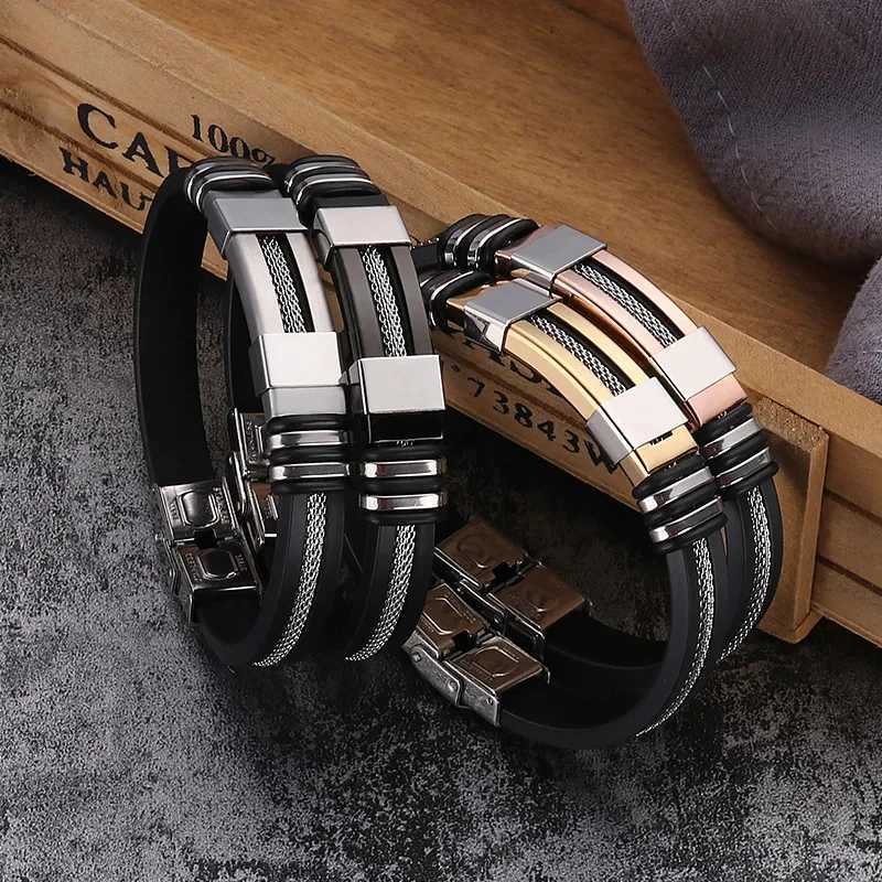 Fashion stainless steel bracelet mens wristband black groove Rudder silicone mesh buckle inserted punk wristband casual bracelet Y250329