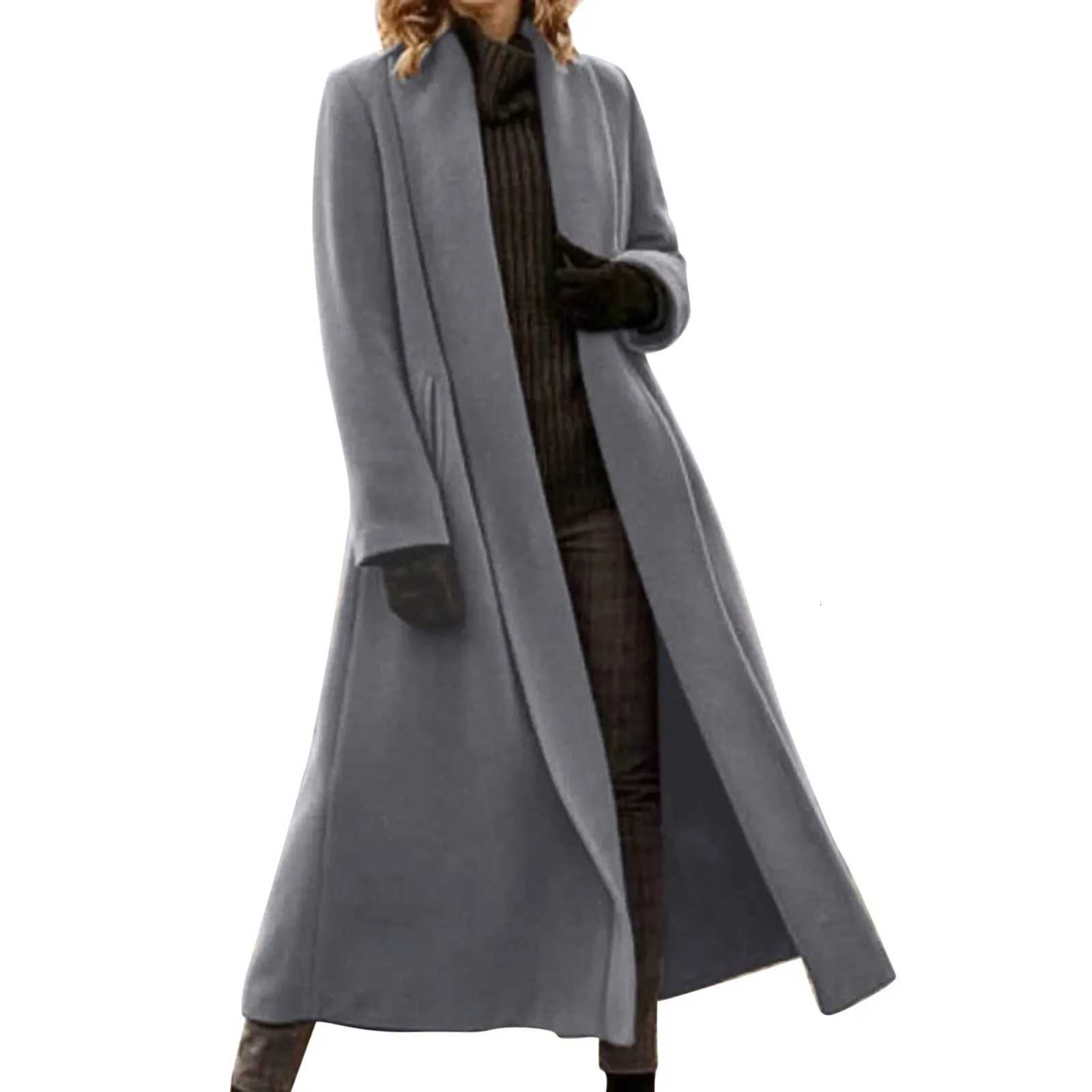 Women Fashion Woolen Coat Long Sleeve Lapel Blends Jackets Autumn Winter High Street Outerwear Midi Trench CoatT251101