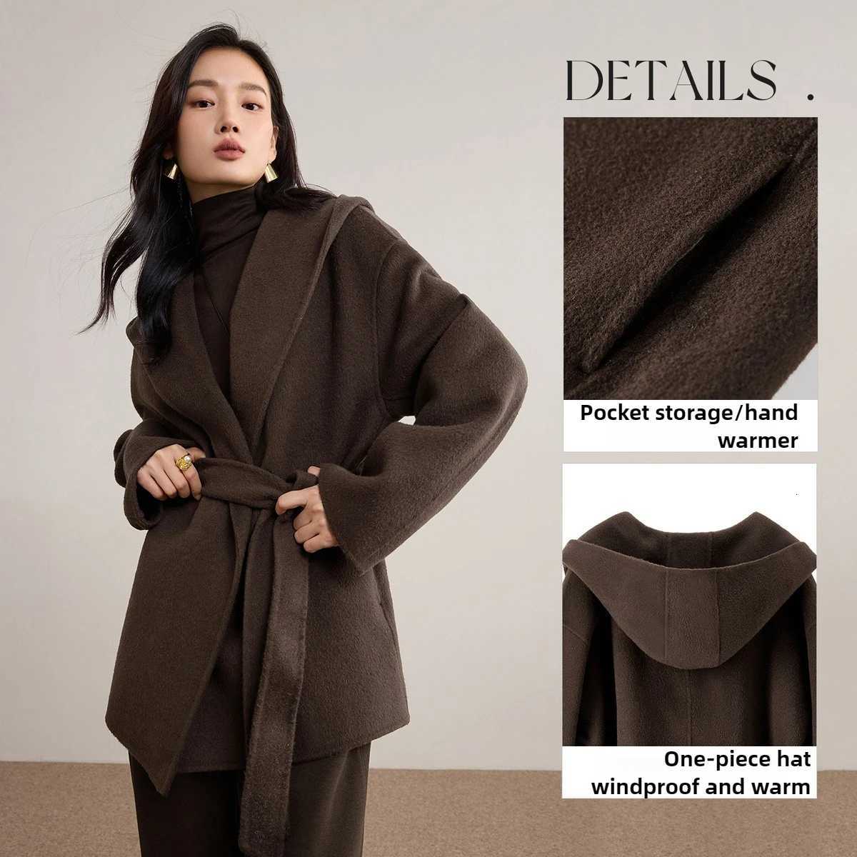 SENTUBILA Womens 100 Woolen Double Sided Coat 2025 Winter Hooded Bathrobe Loose jacket Versatile Fashion Outerwear W54OC2735T251101