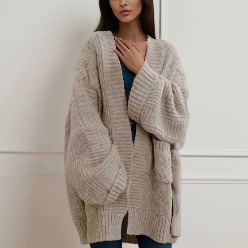 New Loose Womens Knitted Cardigan Casual Solid Color Sweater Medium Length Thick Elegant Loose Coat with PocketsT251101