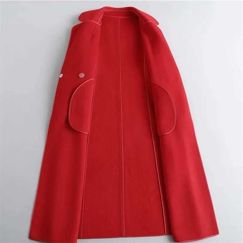 Red Doublesided Cashmere Coat For Womens Woolen Windbreaker AutumnWinter New Lady Slim High end Wool OvercoatT251101