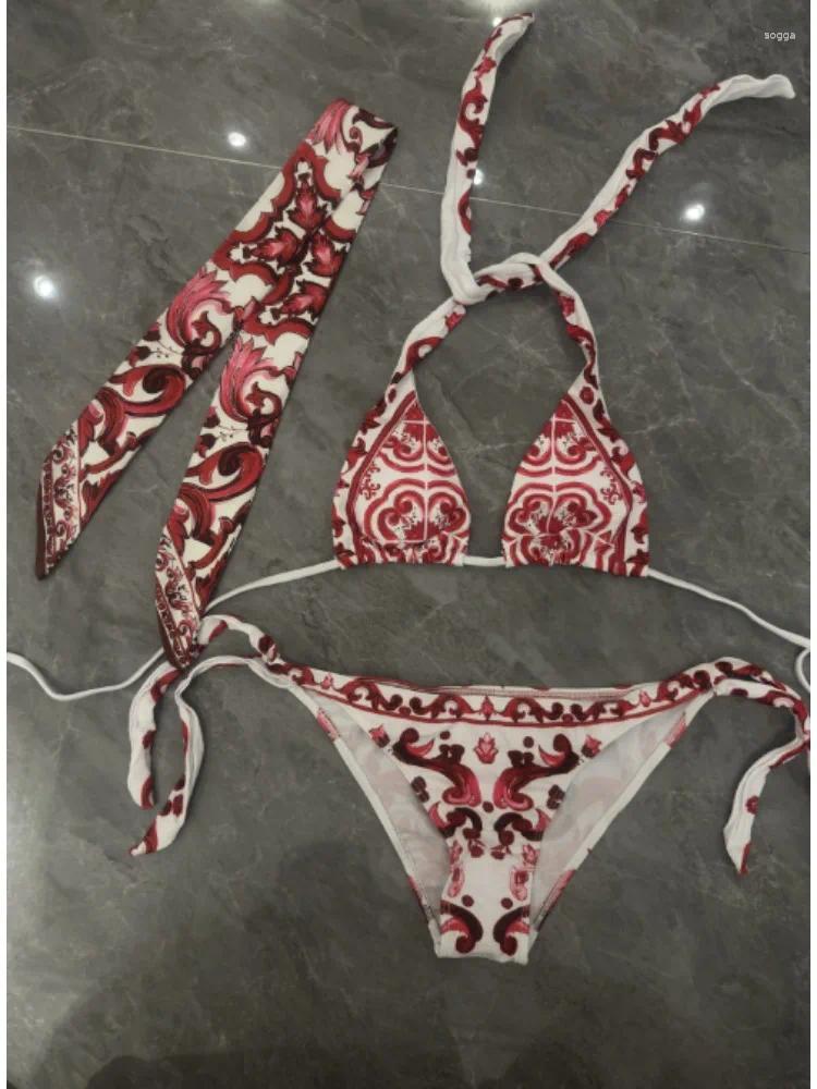Womens Swimwear Women 3 Pieces Headscarf Bikini Sets Red Swimsuits Designer Brand Lady Beach Sexy