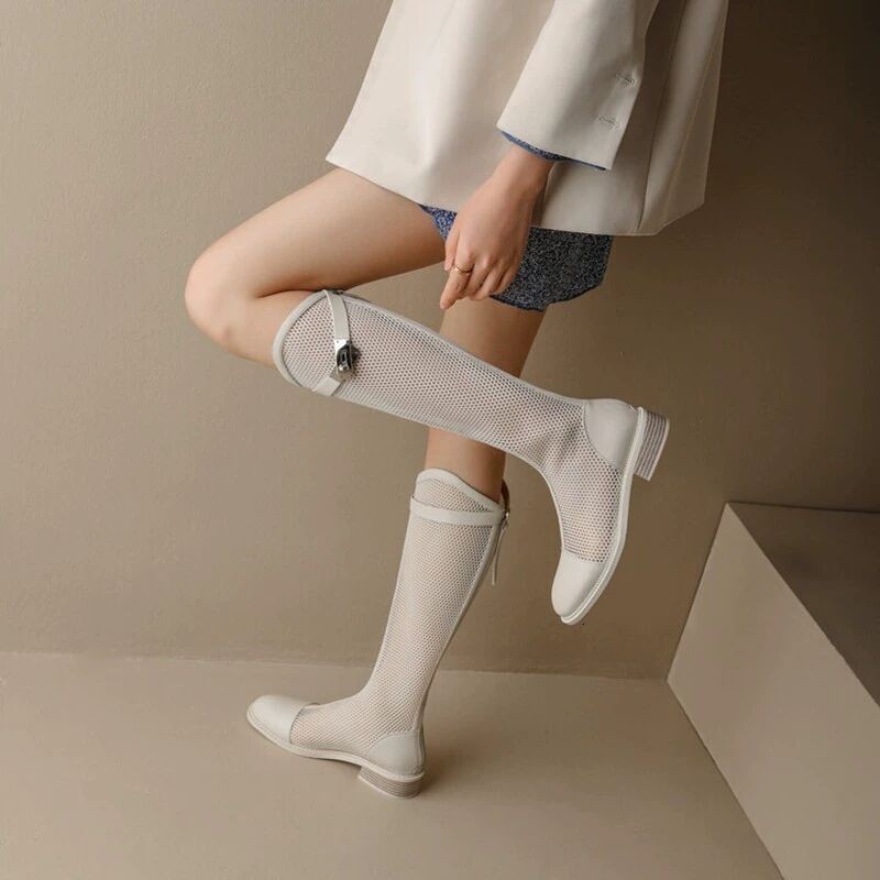 hollow out boots for women summer new style thick heel thick sole non slip thin breathable mesh mid tube boots Modern Boots 241031