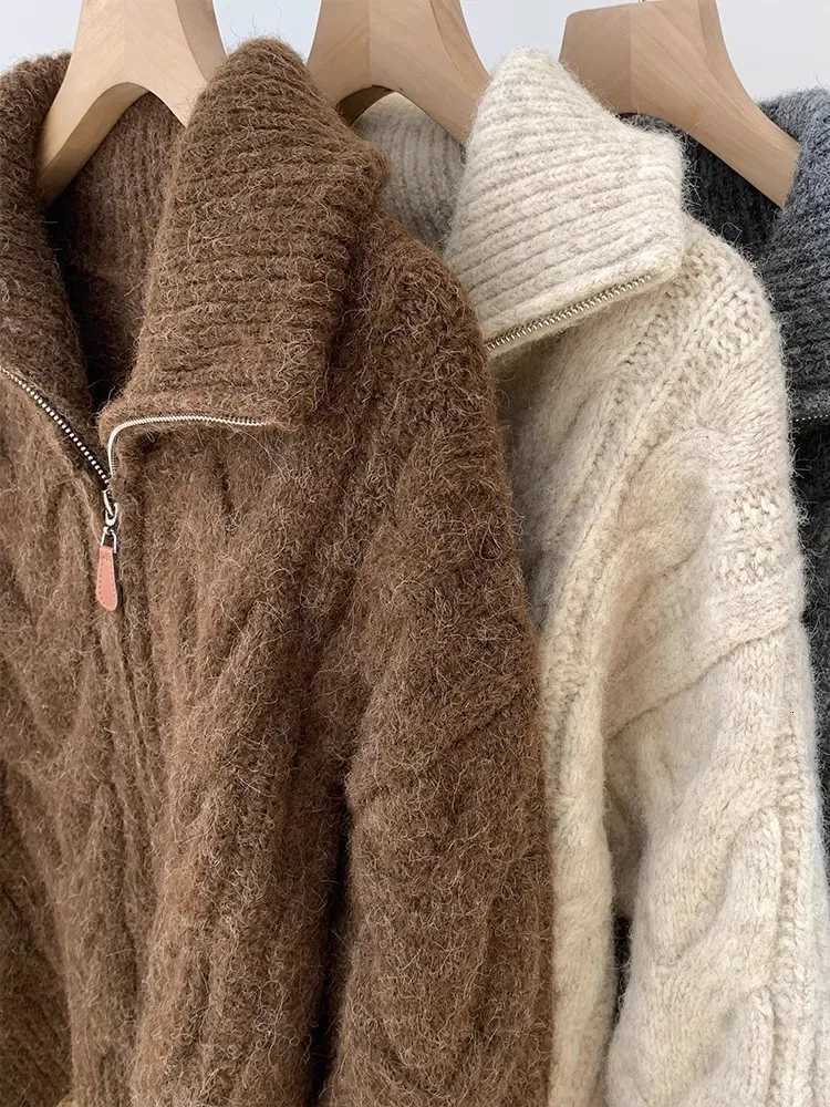 Autumn Winter New Lazy Style Loose Knitted Women Cardigan Retro Solid Double Zipper Turndown Collar Sweater Thicken Loose TopsT251101