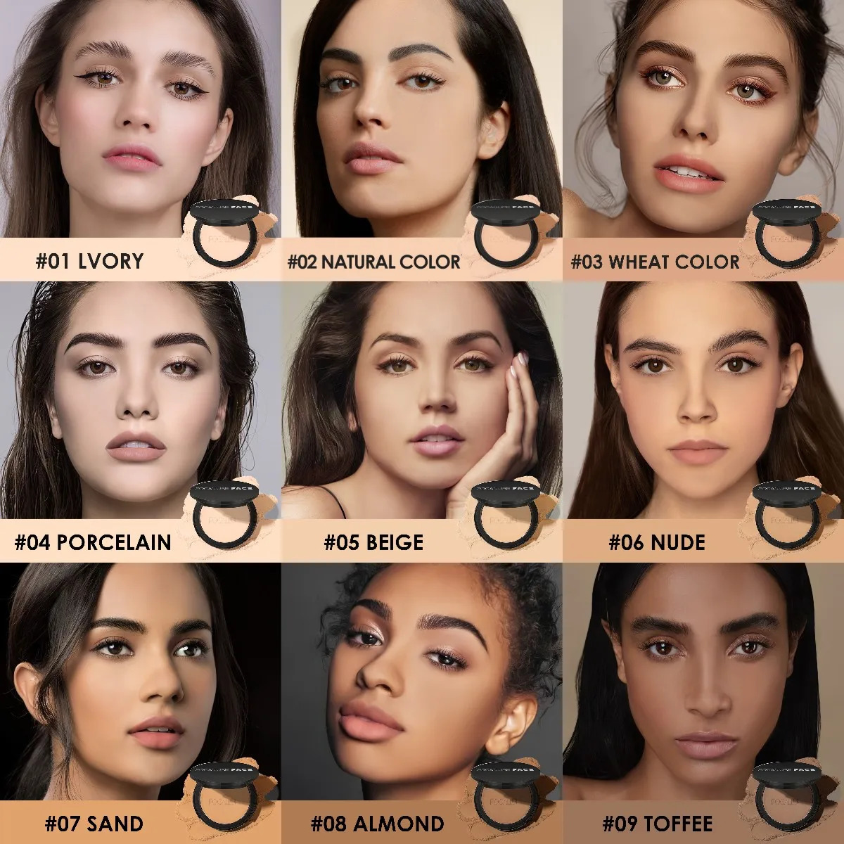 FOCALLURE 9 Colors Pressed Powder Waterproof Long-lasting Full Coverage Face Compact Setting Powder Makeup Foundation Cosmetics 250326