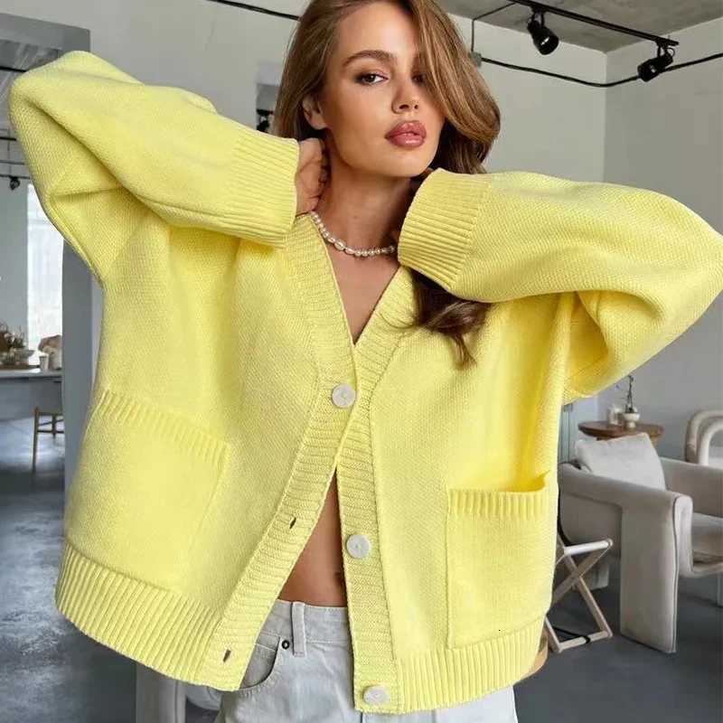 Yellow Knit Single Breasted Cardigan for Women Spring Autumn Loose VNeck Sweater Coat Woman Warm Pockets Long Sleeve CardigansT251101