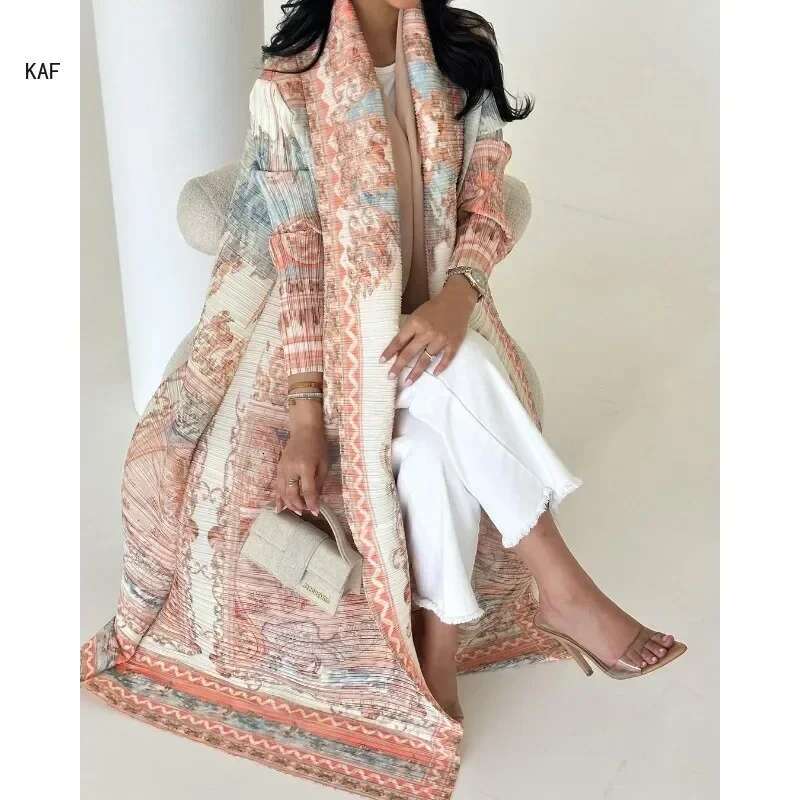 Autumn Women's Coat, Retro Printed Long Sleeved Muslim Abaya Saudi Fashion Wrinkled Waist Belt