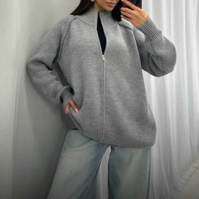 European and American Solid Color Stand Collar Knitted Cardigan for Women Autumn Winter New Thickened Zipper Sweater Coat TopT251101