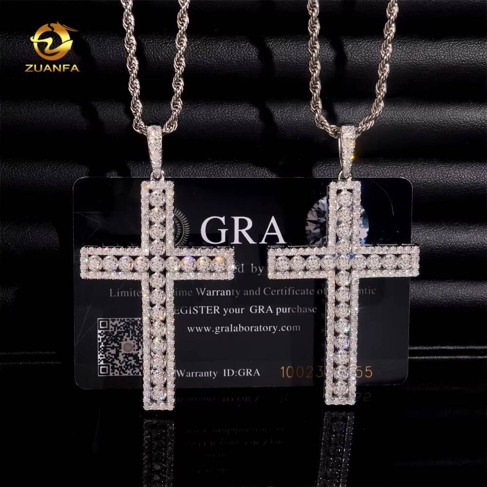 Fast Ship High Quality Moissanite Hip Hop Jewelry Cross Iced Out Pendant 925 Silver Moissanite Pendant With 316L Rope Chain
