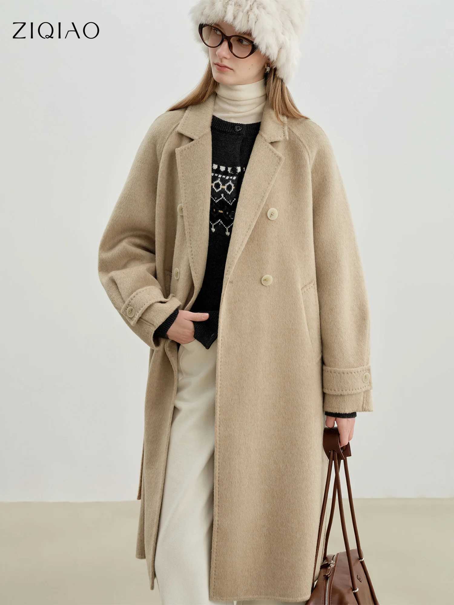 ZIQIAO Korean Style Blazer Collar Wool Coat Women 2025 Winter New Woolen Coat Midlength Loose Fit Casual Commuting SimpleT251101