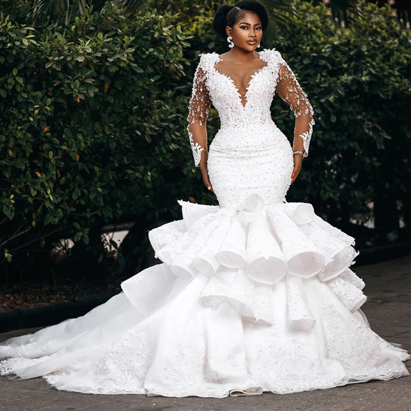 2025 Plus Size Mermaid Wedding Dress Bridal Gowns For Bride Long Sleeves Tiered Sheer Neck Illusion Long Sleeves Beaded Lace Wedding Gowns For Black W