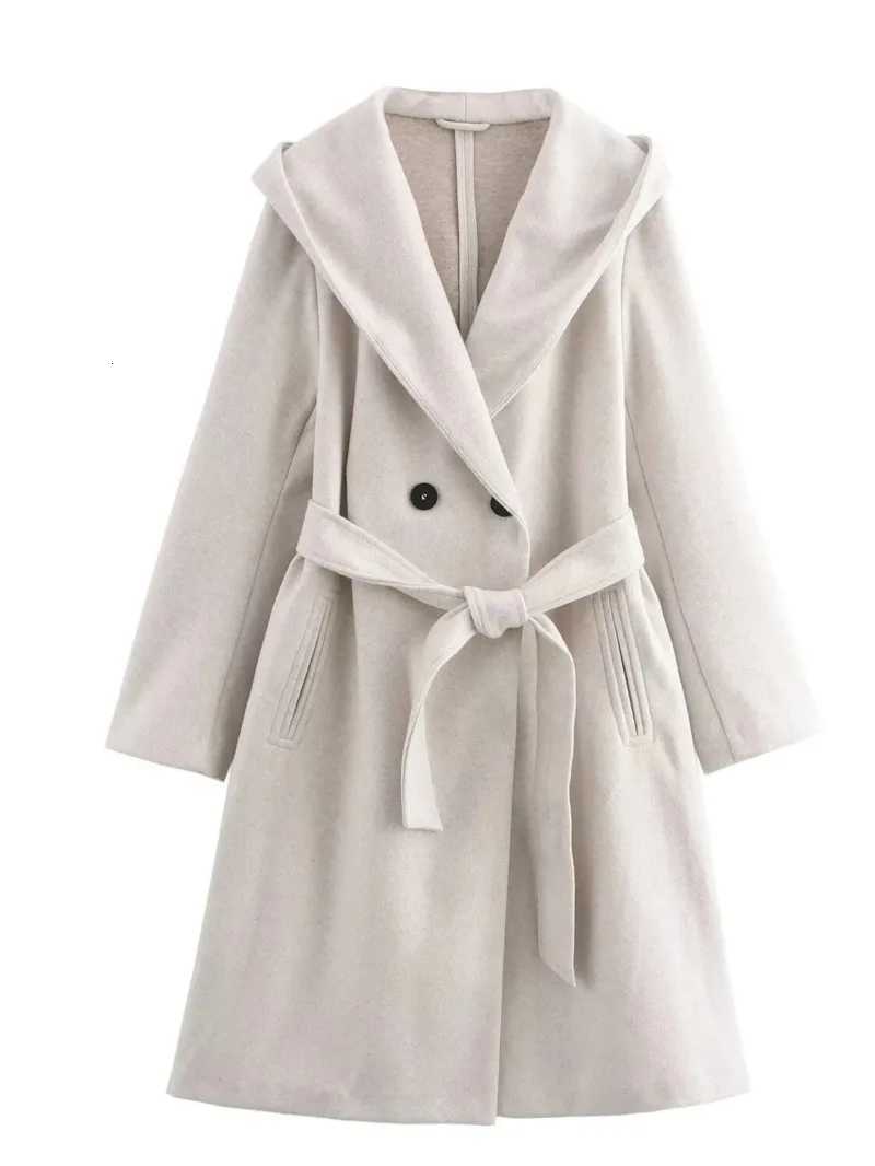 2024 Autumnwinter New Design Sense Loose Long Sleeve Lace Up Cinching Waist Solid Color Medium Long Hooded Woolen Coat 33W1T251101
