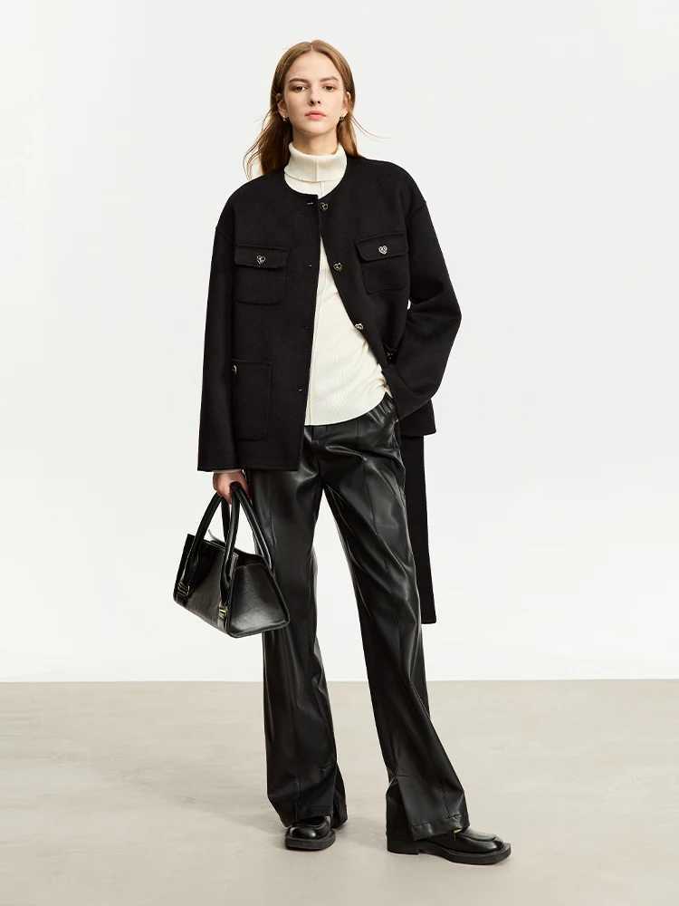 AMII Minimalist Small Fragrant Woolen Coat for Women 2023 Winter New Medium Long Coat Trendy Crewneck With Belt Blends 12364001T251101