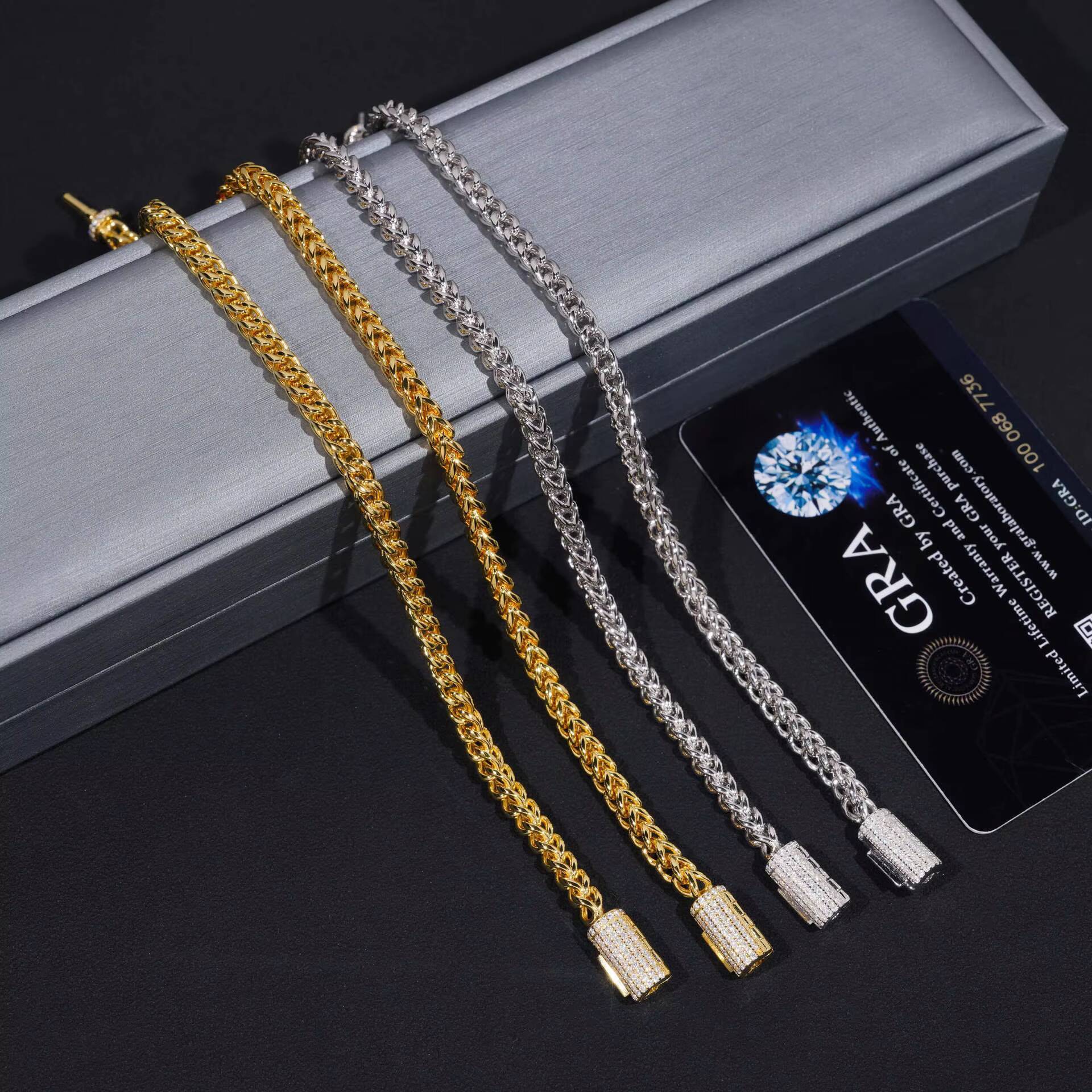 European American HipHop 4mm Stainless Steel Reversible Link Chain S925 Silver Moissanite Clasp Chokers Necklaces Gift