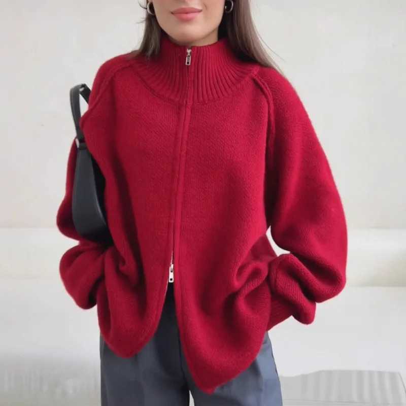 European and American Solid Color Stand Collar Knitted Cardigan for Women Autumn Winter New Thickened Zipper Sweater Coat TopT251101
