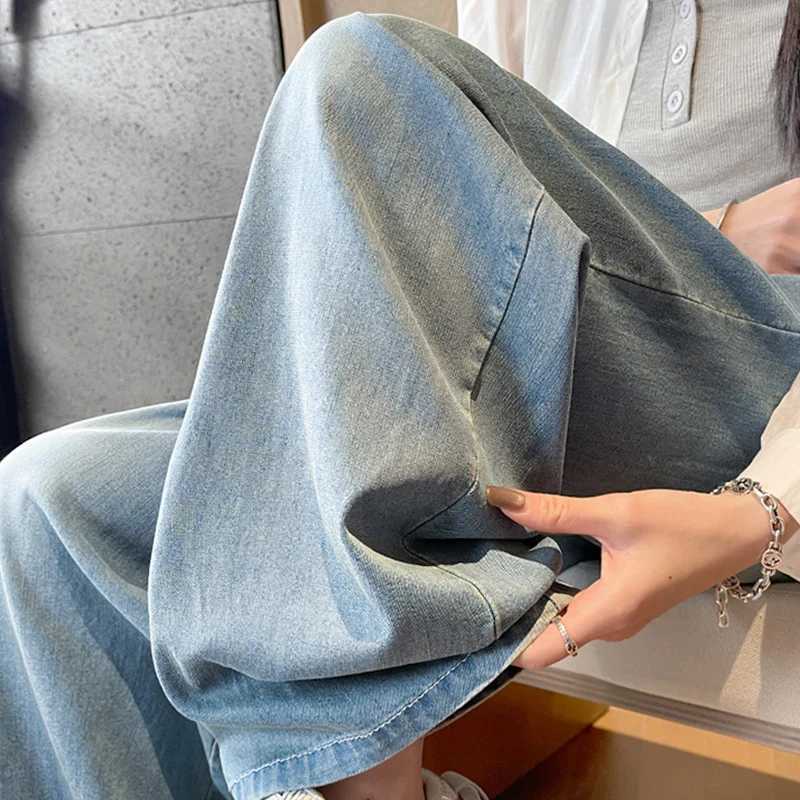 Women Elastic Waist Wide Leg Denim Pants Autumn Winter Harajuku Streetwear Straight Jeans Female Simple Loose Versatile Trousers J251031