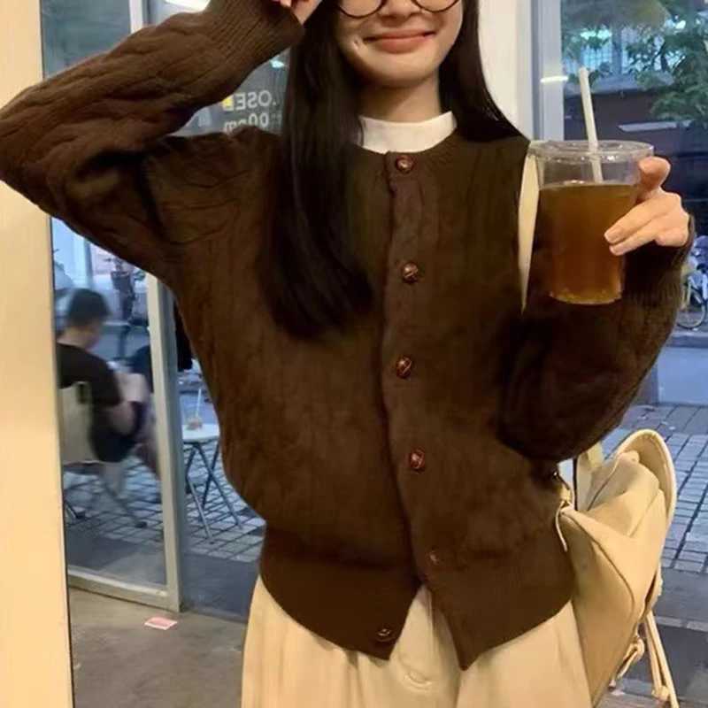 Retro Green Knitted Cardigans Women Autumn Winter Single Breasted Crop Cardiagn Woman Chic Round Neck Long Sleeve Sweater CoatsT251101