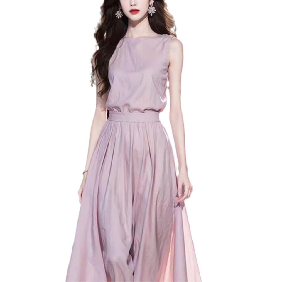 T5175 High quality 2025 new style light luxury high-end waist long skirt French style beautiful unique purple sleeveless dress