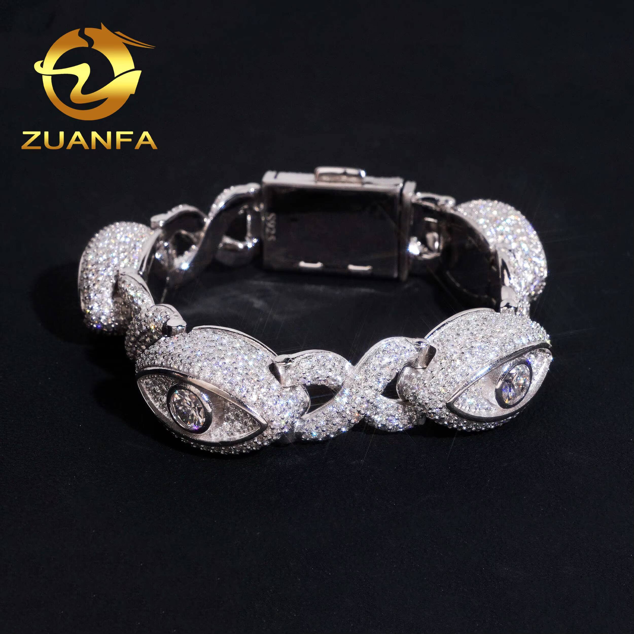 15mm Iced Out Moissanite Diamond Bracelet Eyes Design 925 Silver Hip Hop Jewelry Unisex Moissanite Cuban Link Bracelet