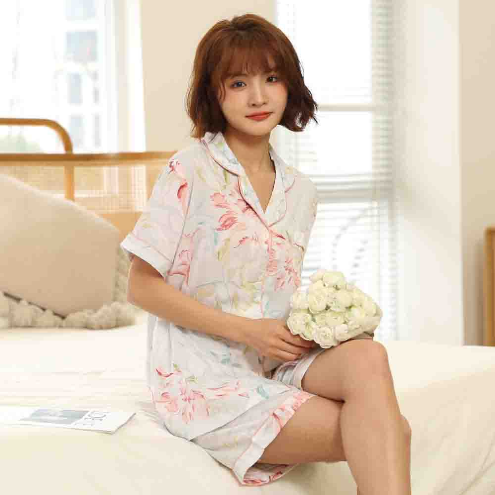 B806-Women's Lapel Short Sleeve Shorts Pajama Set Women's Summer Cotton House Clothes
