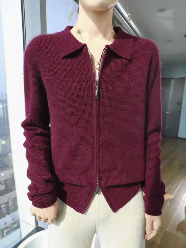 Autumn Winter Women Zipper Cashmere Cardigan POLO Collar Casual Sweater 70 Merino Wool and 30 Goat Cashmre Knitwear Female CoT251101