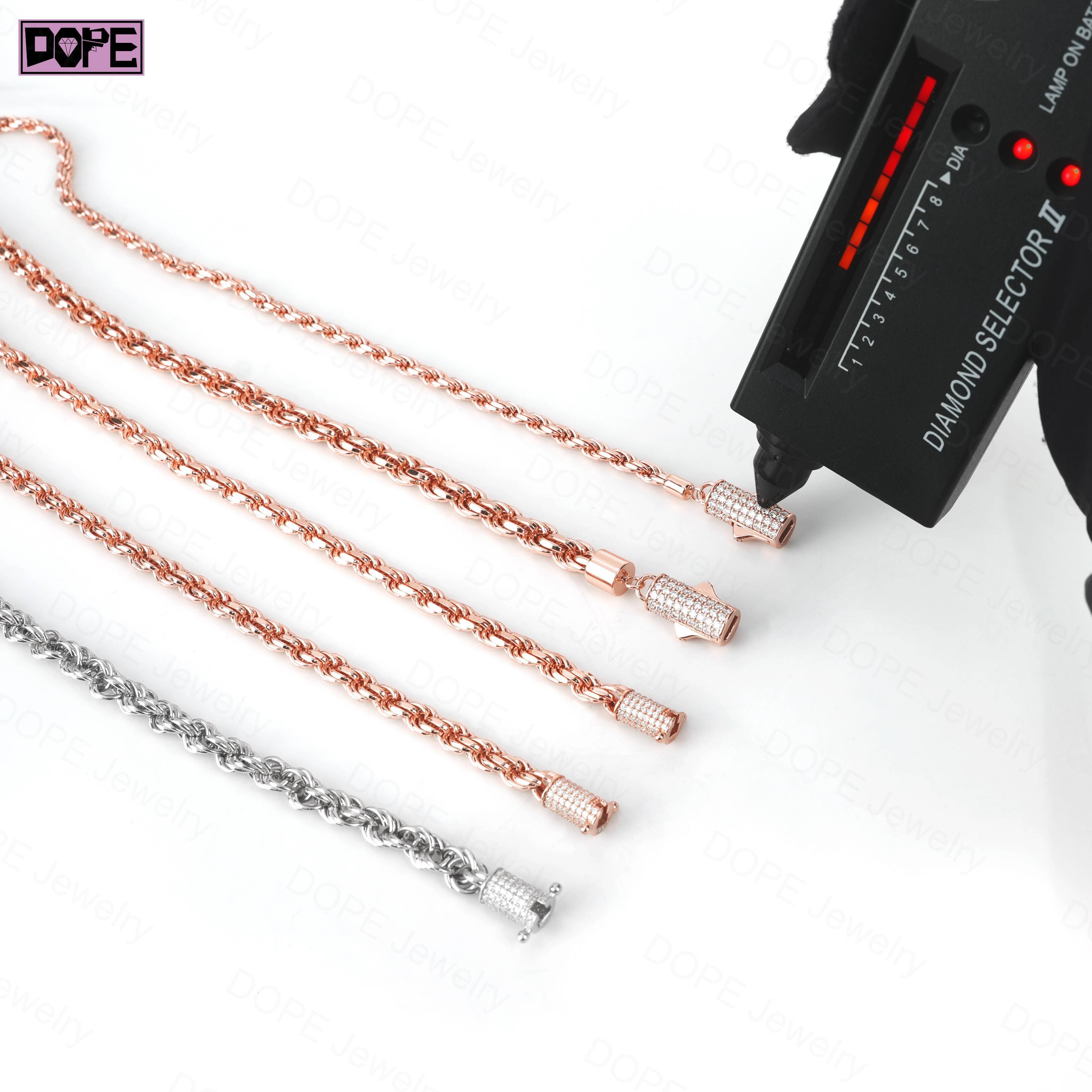 Hip Hop Style Solid 925 Silver Chain 4mm 5mm Necklace Men Women VVS Moissanite Iced Out Clasp Twisted Rope Chain