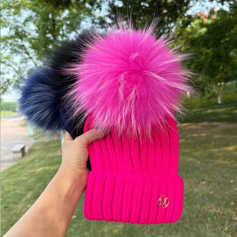 2023 Winter Female Natural Fur Pom Poms hat Winter Hat For Women Girl s Hat Knitted Beanies Cap Hat Thick Women SkulliesXJ251101