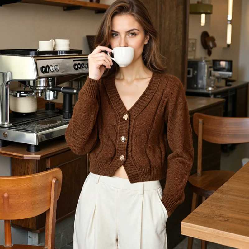 Korean Fried Dough Twists Long Sleeved Cardigan Vneck Knitting Top Womens Fashion New Casual Sweater Elegant Solid KnitwearT251101