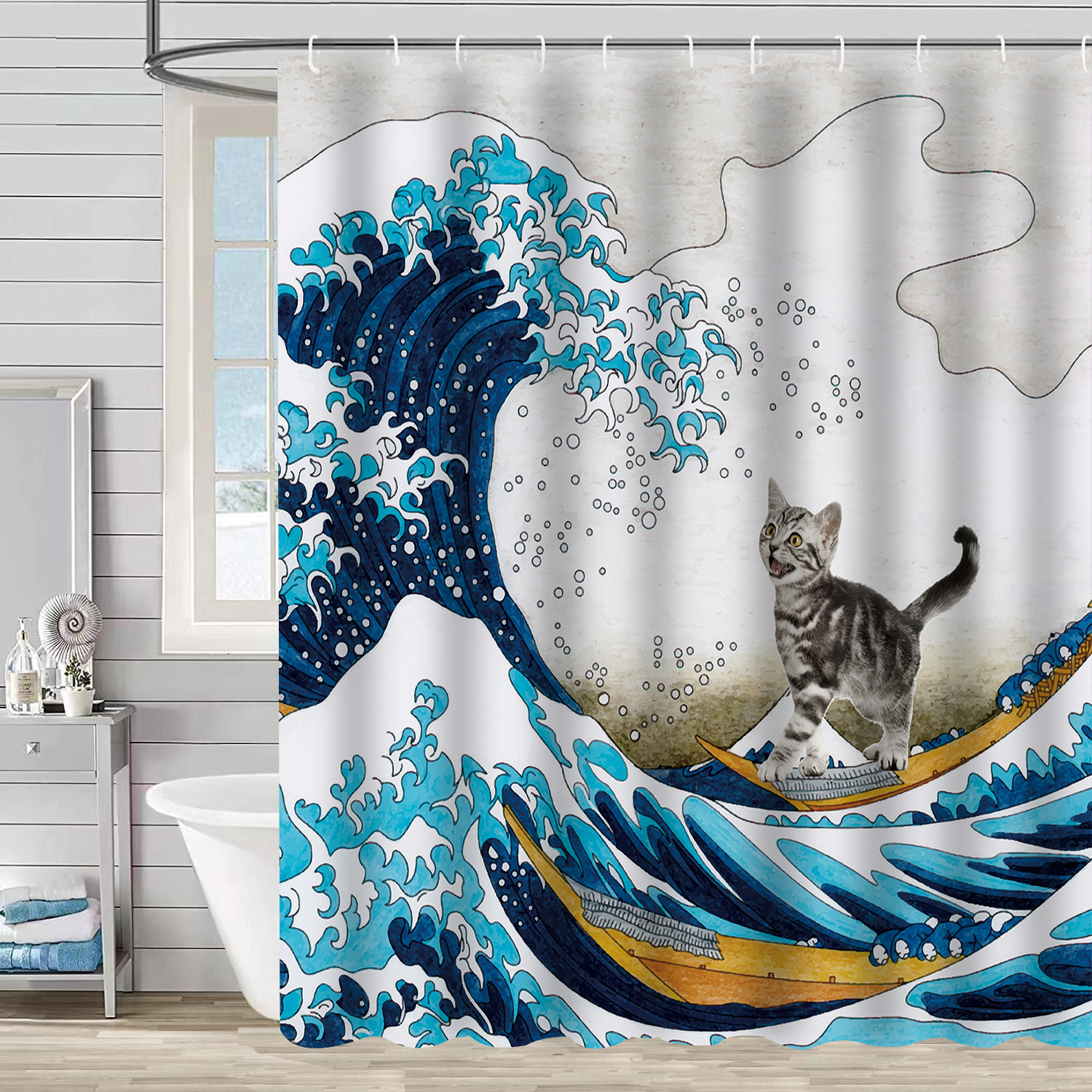 YL-37610 3D Digital Shower Curtain for Kitty Bathing, Bathroom Dry and Wet Separation, Polyester with Hooks, Isolation Curtain