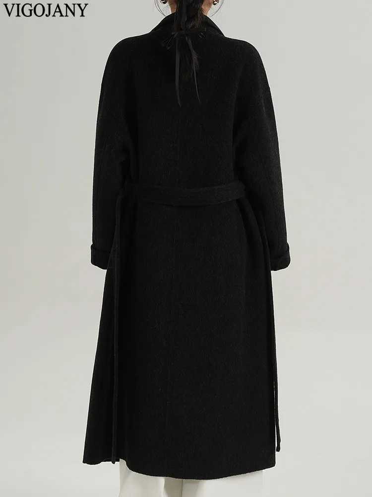 Winter Women Elegant Nature 100 Wool Long Coat 2025 Stand Collar Loose Cashmere Jacket Autumn Lady Black Casual Woolen CoatT251101