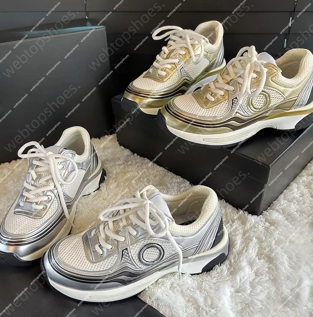 Designer Silver Gold Sneakers Calfskin Nylon Reflective woman Shoes Vintage Suede Leather Trainers All-match Stylist Sneaker Patchwork Platform Lace-up Print Shoe